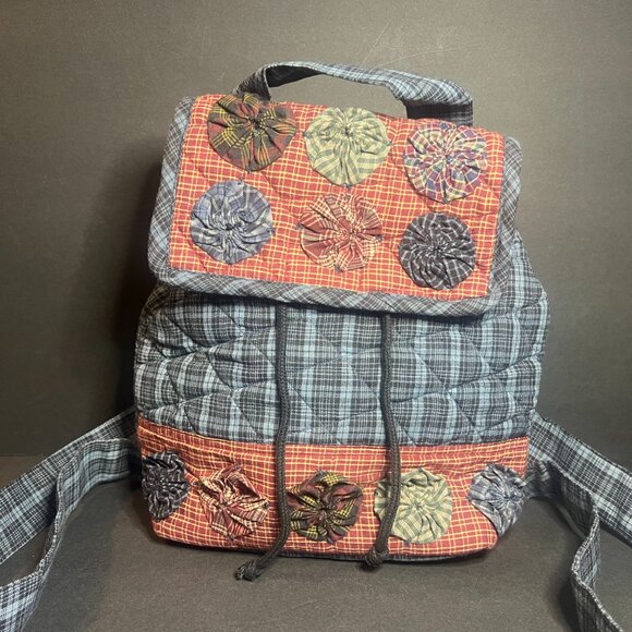 Irene's Quilts Rare Blue & Red Quilted Applique Fabric Medium Size Backpack 12" - Picture 2 of 10
